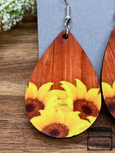 Load image into Gallery viewer, Woodsy Sunflower Teardrop Earrings
