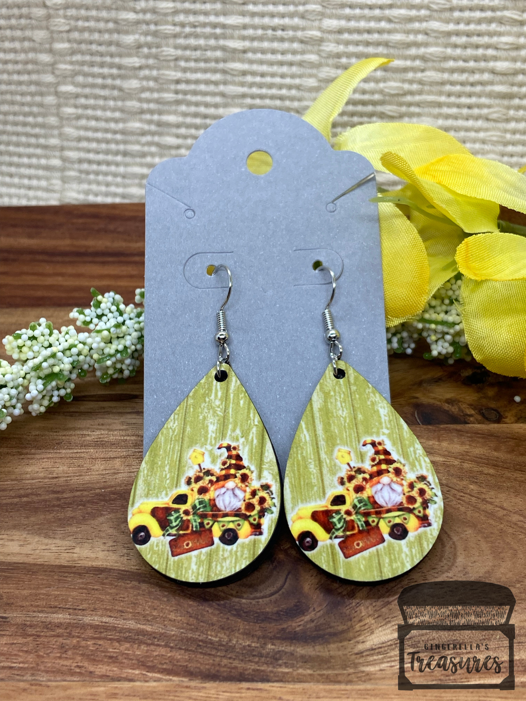 Sunflower Gnome Teardrop Earrings