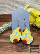 Load image into Gallery viewer, Turquoise Gingham Plaid Sunflower Teardrop Earrings
